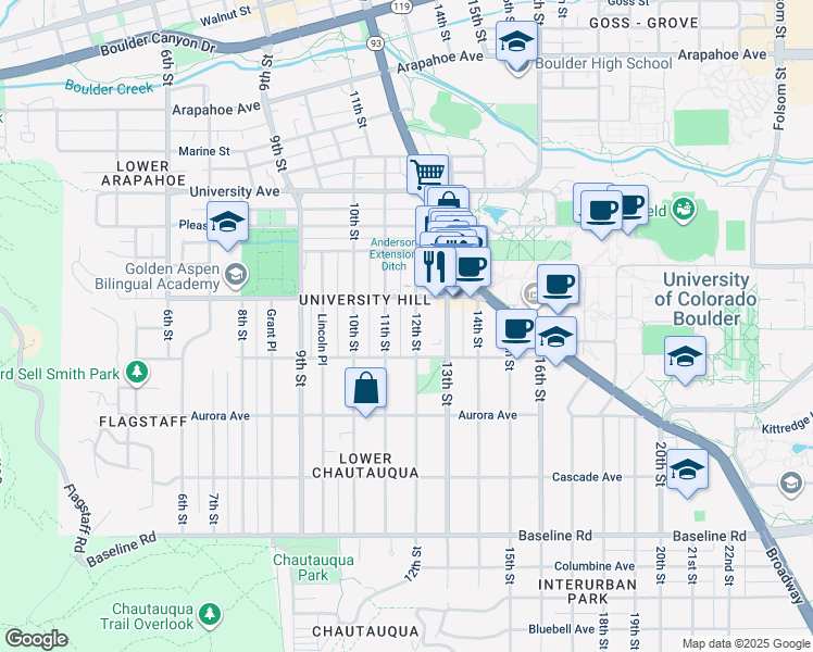 map of restaurants, bars, coffee shops, grocery stores, and more near 1053 12th Street in Boulder