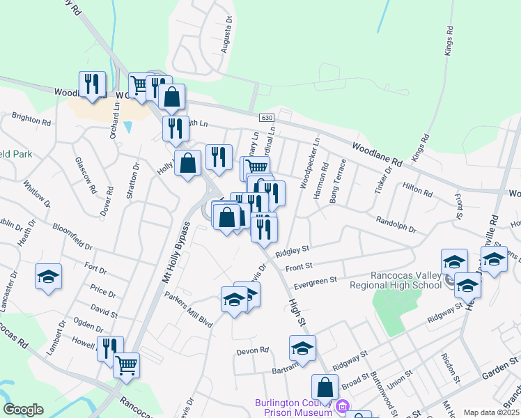 map of restaurants, bars, coffee shops, grocery stores, and more near 555 High St in Mt Holly