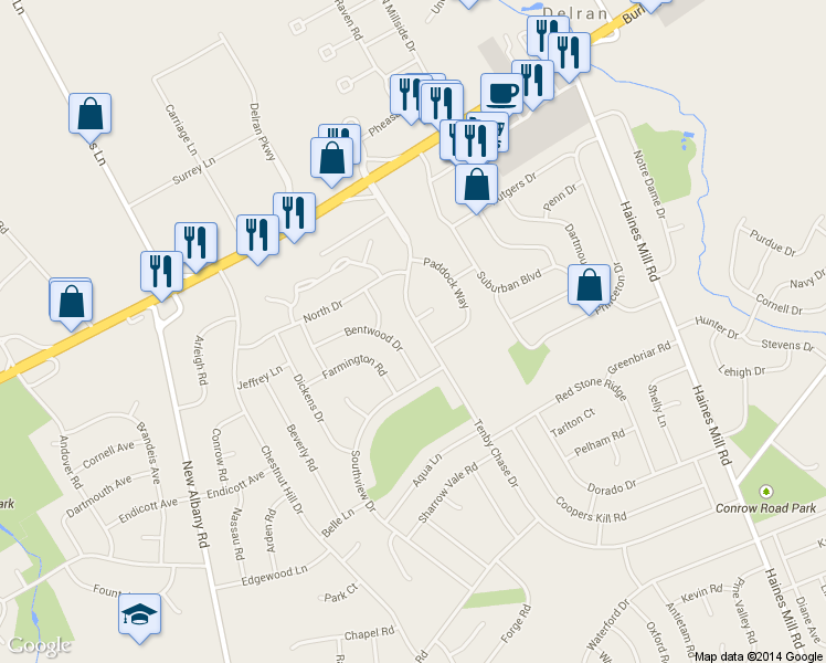 map of restaurants, bars, coffee shops, grocery stores, and more near 223 Tenby Chase Drive in Delran