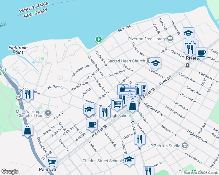 map of restaurants, bars, coffee shops, grocery stores, and more near 330 Cinnaminson Avenue in Palmyra