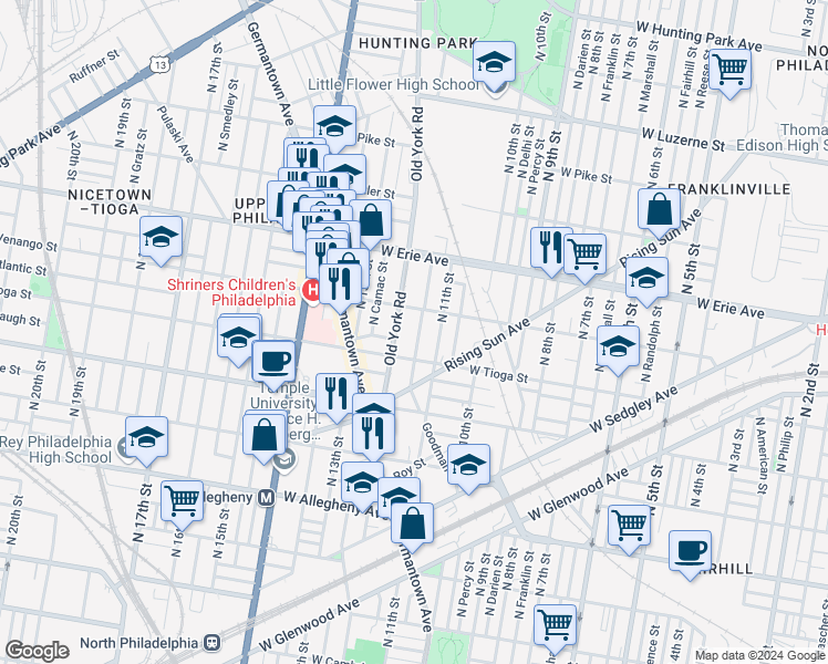 map of restaurants, bars, coffee shops, grocery stores, and more near 3541 North Marvine Street in Philadelphia