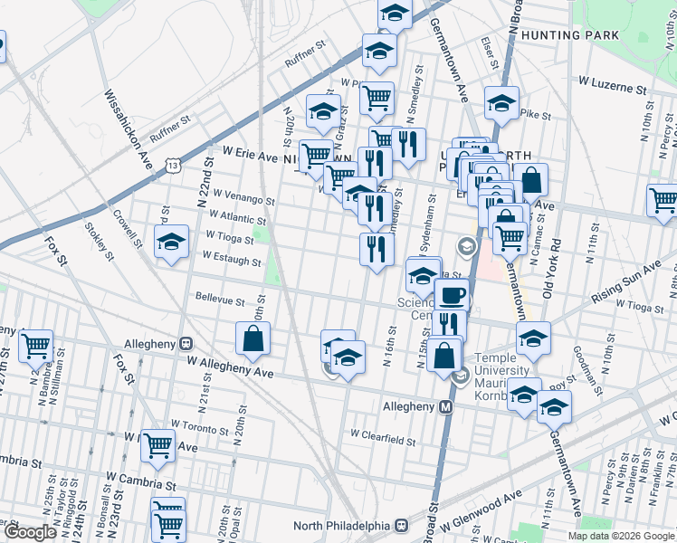 map of restaurants, bars, coffee shops, grocery stores, and more near 1712 West Tioga Street in Philadelphia