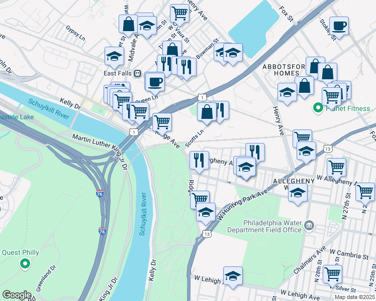 map of restaurants, bars, coffee shops, grocery stores, and more near 3533 West Allegheny Avenue in Philadelphia