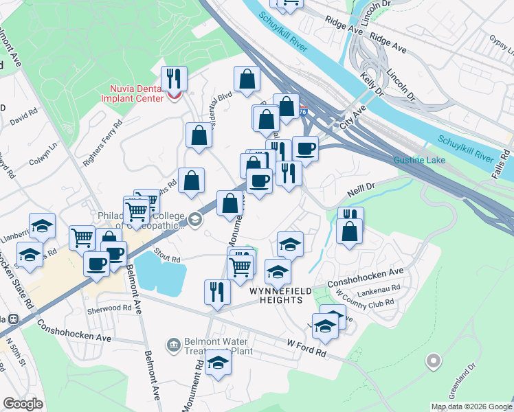 map of restaurants, bars, coffee shops, grocery stores, and more near 4060 Monument Road in Philadelphia