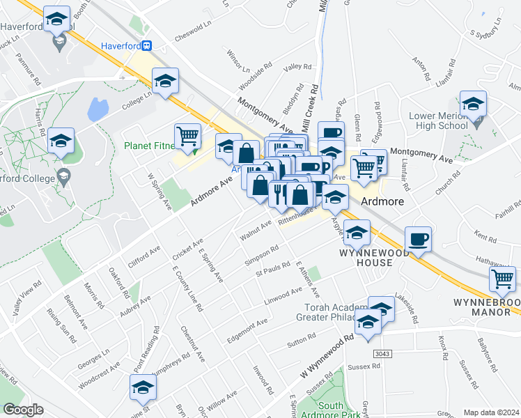 map of restaurants, bars, coffee shops, grocery stores, and more near 7 East Athens Avenue in Ardmore