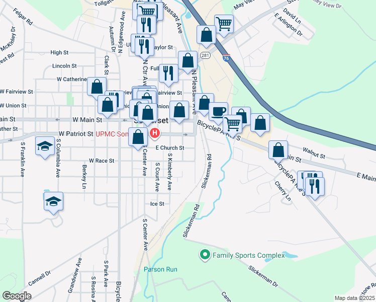 map of restaurants, bars, coffee shops, grocery stores, and more near 226 East Church Street in Somerset