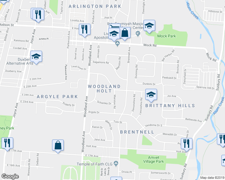 map of restaurants, bars, coffee shops, grocery stores, and more near 2183 Middlehurst Drive in Columbus