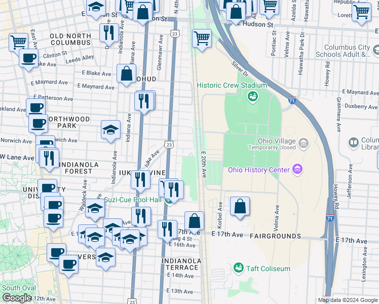 map of restaurants, bars, coffee shops, grocery stores, and more near 474 East Norwich Avenue in Columbus