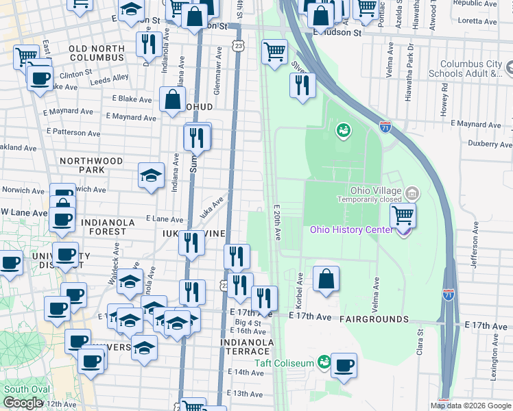 map of restaurants, bars, coffee shops, grocery stores, and more near 474 East Norwich Avenue in Columbus