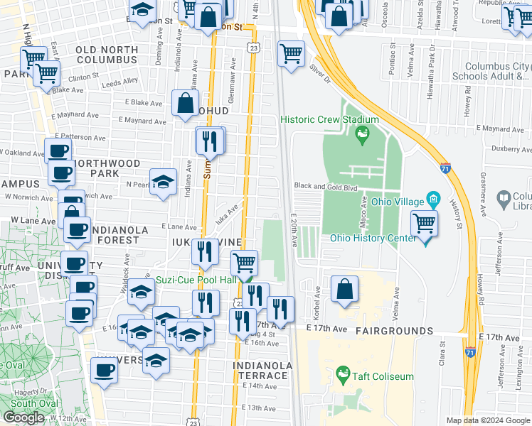 map of restaurants, bars, coffee shops, grocery stores, and more near 474 East Norwich Avenue in Columbus