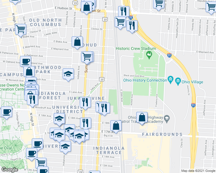 map of restaurants, bars, coffee shops, grocery stores, and more near 2110 U.S. 23 in Columbus