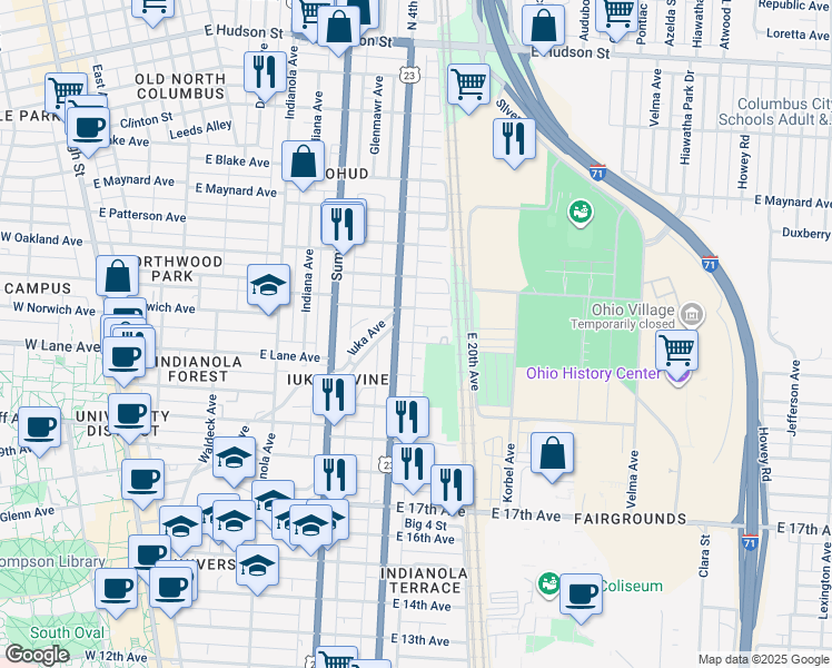 map of restaurants, bars, coffee shops, grocery stores, and more near 2110 U.S. 23 in Columbus