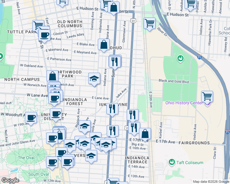 map of restaurants, bars, coffee shops, grocery stores, and more near 2111 Summit Street in Columbus