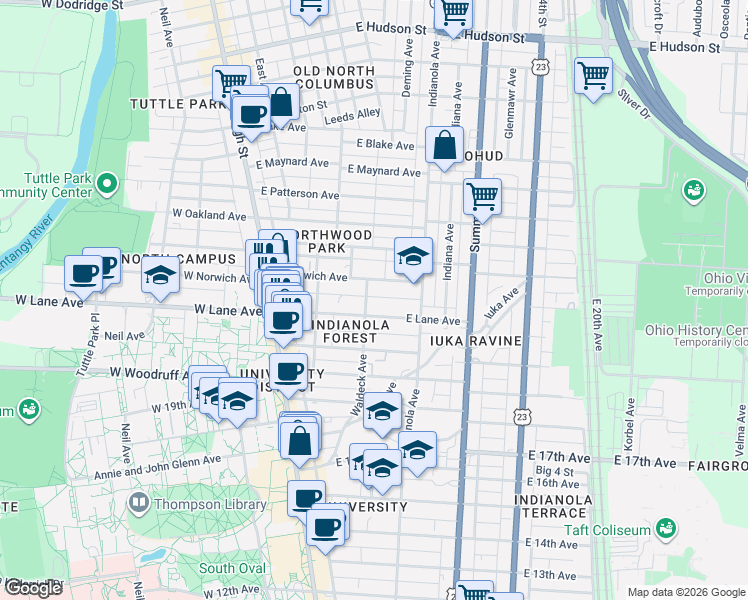 map of restaurants, bars, coffee shops, grocery stores, and more near in Columbus