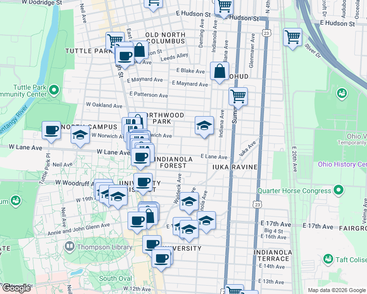 map of restaurants, bars, coffee shops, grocery stores, and more near in Columbus