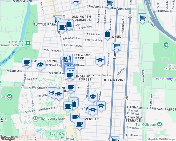 map of restaurants, bars, coffee shops, grocery stores, and more near in Columbus