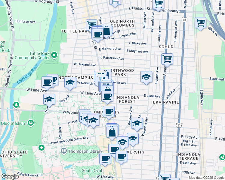 map of restaurants, bars, coffee shops, grocery stores, and more near in Columbus