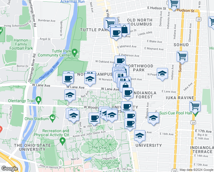 map of restaurants, bars, coffee shops, grocery stores, and more near 78 West Lane Avenue in Columbus
