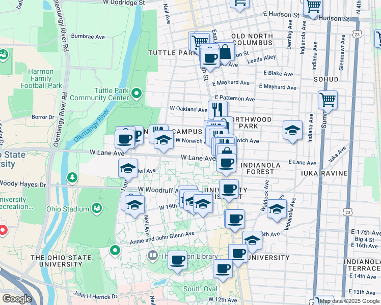 map of restaurants, bars, coffee shops, grocery stores, and more near 78 West Lane Avenue in Columbus