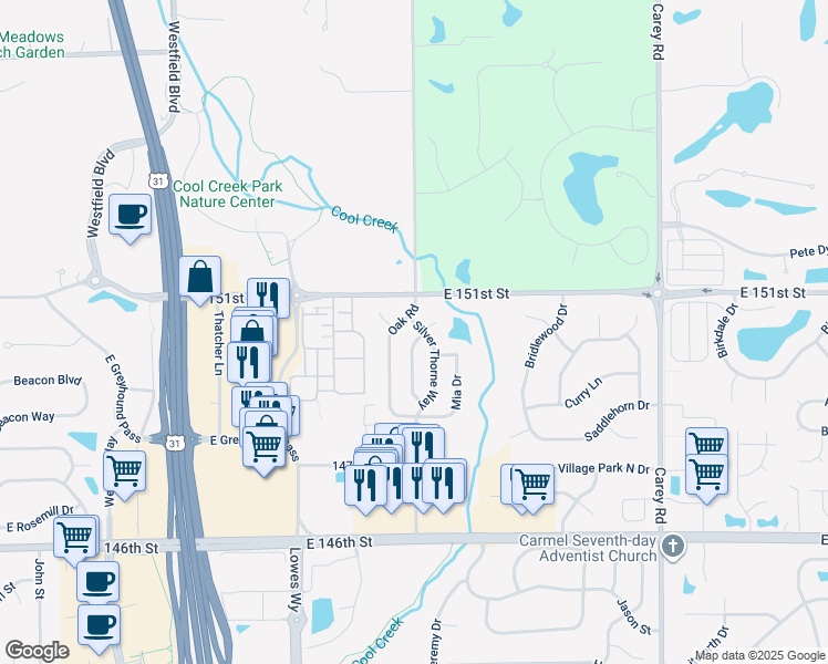 map of restaurants, bars, coffee shops, grocery stores, and more near 14970 Copper Tree Way in Carmel