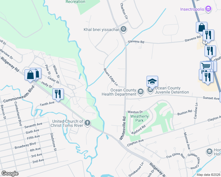 map of restaurants, bars, coffee shops, grocery stores, and more near 1647 Whitewater Court in Toms River