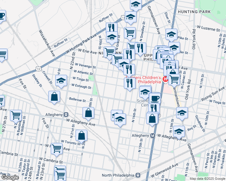 map of restaurants, bars, coffee shops, grocery stores, and more near 3434 North 18th Street in Philadelphia
