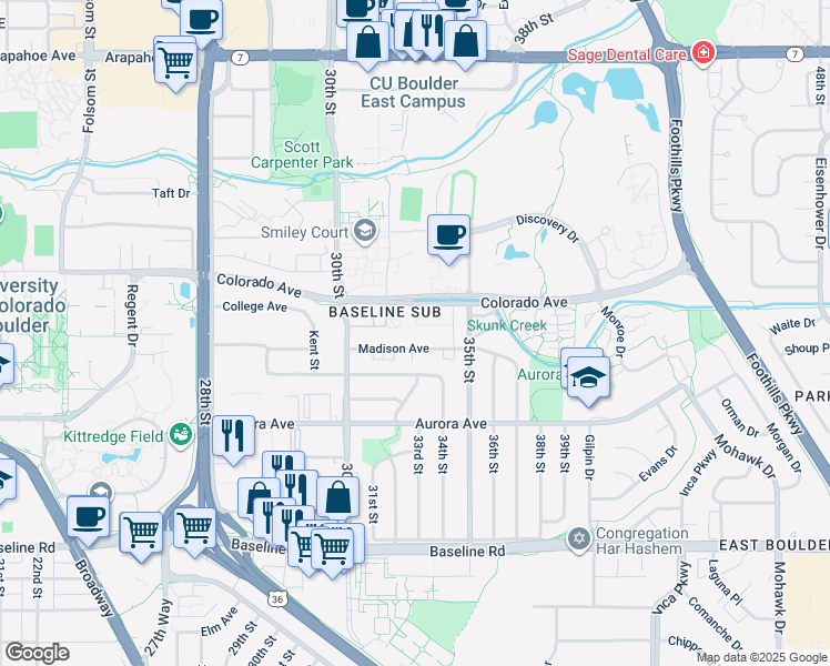 map of restaurants, bars, coffee shops, grocery stores, and more near 3293 Madison Avenue in Boulder