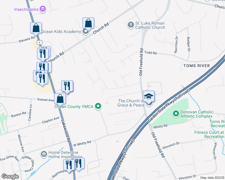 map of restaurants, bars, coffee shops, grocery stores, and more near 1658 Old Freehold Road in Toms River