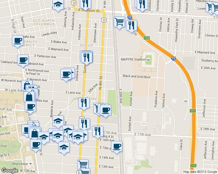 map of restaurants, bars, coffee shops, grocery stores, and more near 474 East Norwich Avenue in Columbus