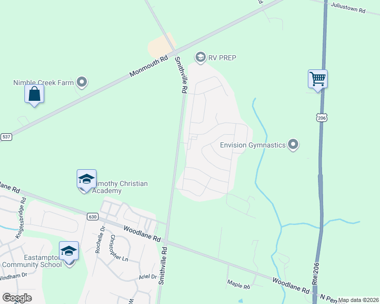 map of restaurants, bars, coffee shops, grocery stores, and more near 1020 Smithville Road in Mount Holly