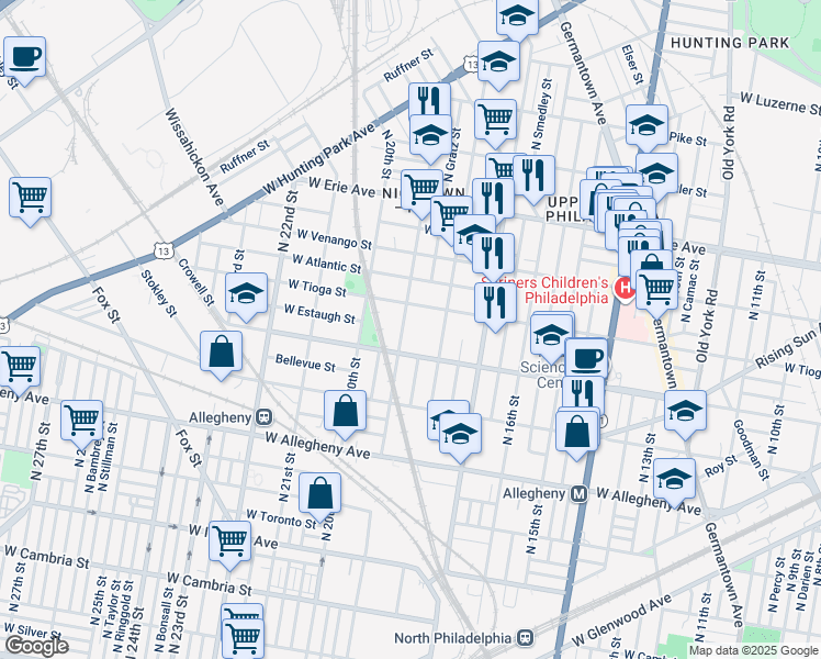 map of restaurants, bars, coffee shops, grocery stores, and more near 3425 North 19th Street in Philadelphia