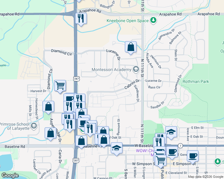 map of restaurants, bars, coffee shops, grocery stores, and more near 613 Westcliff Drive in Lafayette