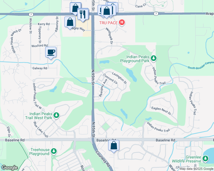 map of restaurants, bars, coffee shops, grocery stores, and more near 2462 Concord Circle in Lafayette