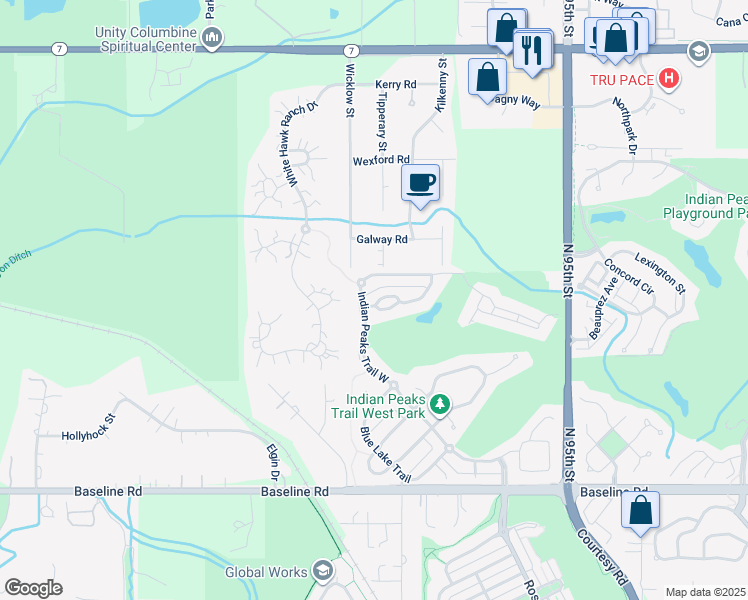 map of restaurants, bars, coffee shops, grocery stores, and more near 3097 Red Deer Trail in Lafayette