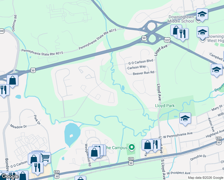 map of restaurants, bars, coffee shops, grocery stores, and more near 320 Carlyn Court in Downingtown