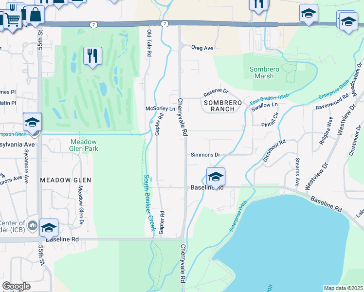 map of restaurants, bars, coffee shops, grocery stores, and more near 1087 Cherryvale Road in Boulder