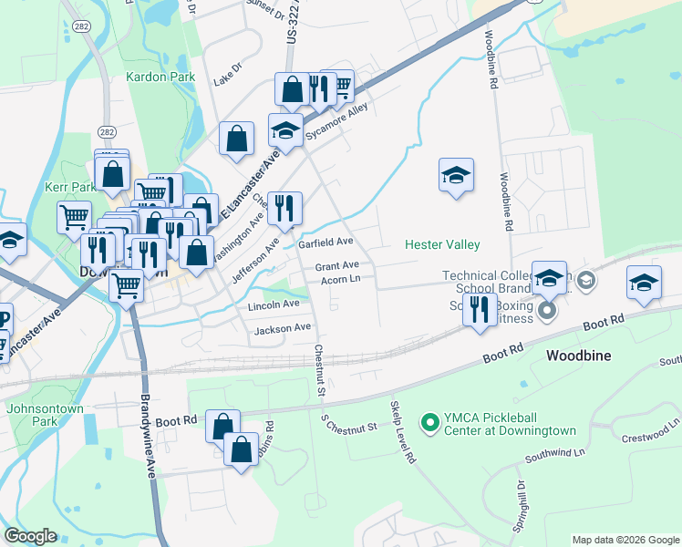 map of restaurants, bars, coffee shops, grocery stores, and more near 430 Grant Avenue in Downingtown
