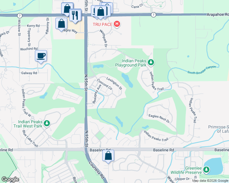 map of restaurants, bars, coffee shops, grocery stores, and more near 2505 Concord Circle in Lafayette