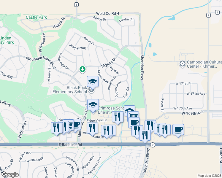 map of restaurants, bars, coffee shops, grocery stores, and more near 2570 Wisteria Drive in Erie