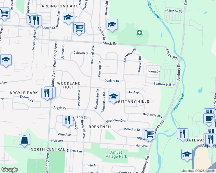 map of restaurants, bars, coffee shops, grocery stores, and more near 2346 Middlehurst Drive in Columbus