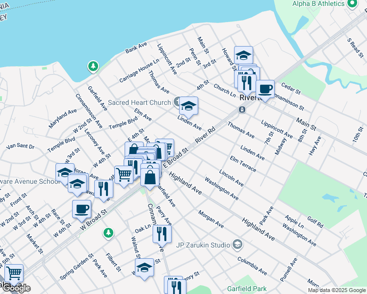 map of restaurants, bars, coffee shops, grocery stores, and more near 317 East Broad Street in Palmyra
