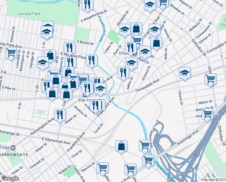 map of restaurants, bars, coffee shops, grocery stores, and more near 1901 East Hunting Park Avenue in Philadelphia