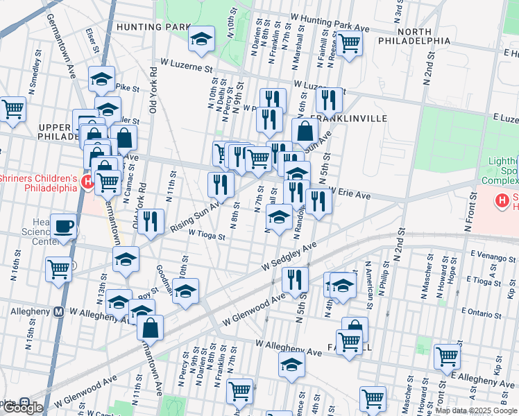 map of restaurants, bars, coffee shops, grocery stores, and more near 645 West Venango Street in Philadelphia