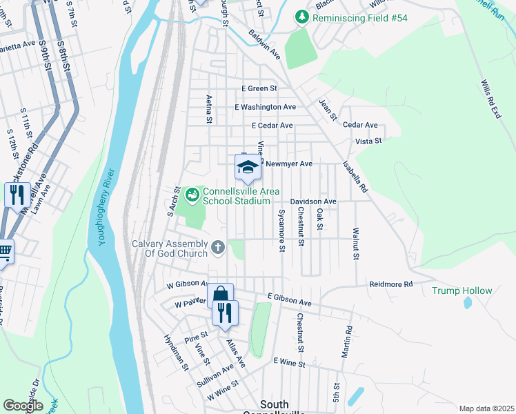 map of restaurants, bars, coffee shops, grocery stores, and more near 1204 Vine Street in Connellsville
