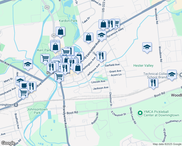map of restaurants, bars, coffee shops, grocery stores, and more near 332 Jefferson Avenue in Downingtown