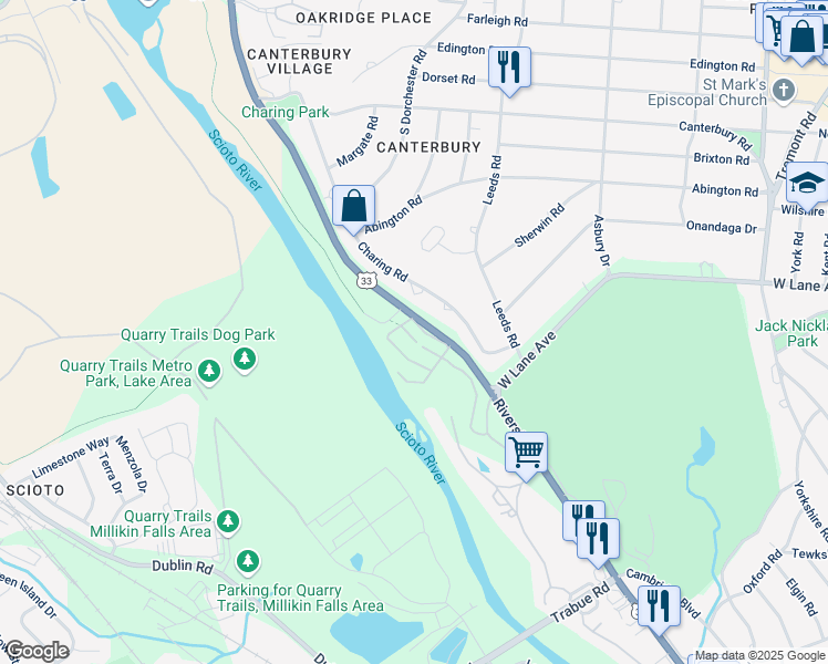 map of restaurants, bars, coffee shops, grocery stores, and more near 2599 Riverside Drive in Columbus