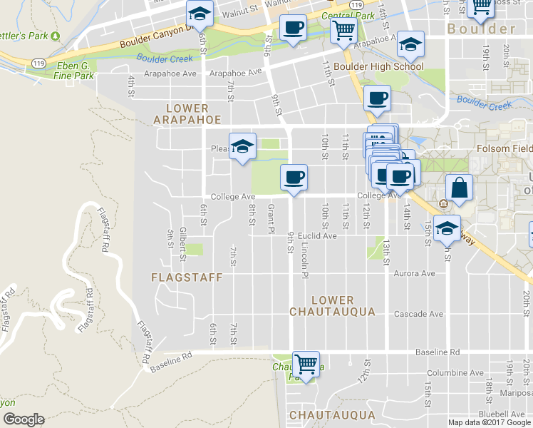 map of restaurants, bars, coffee shops, grocery stores, and more near 1055 Grant Place in Boulder