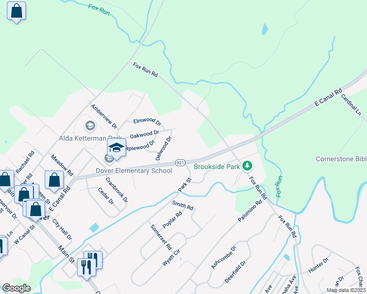 map of restaurants, bars, coffee shops, grocery stores, and more near 1667 East Canal Road in Dover