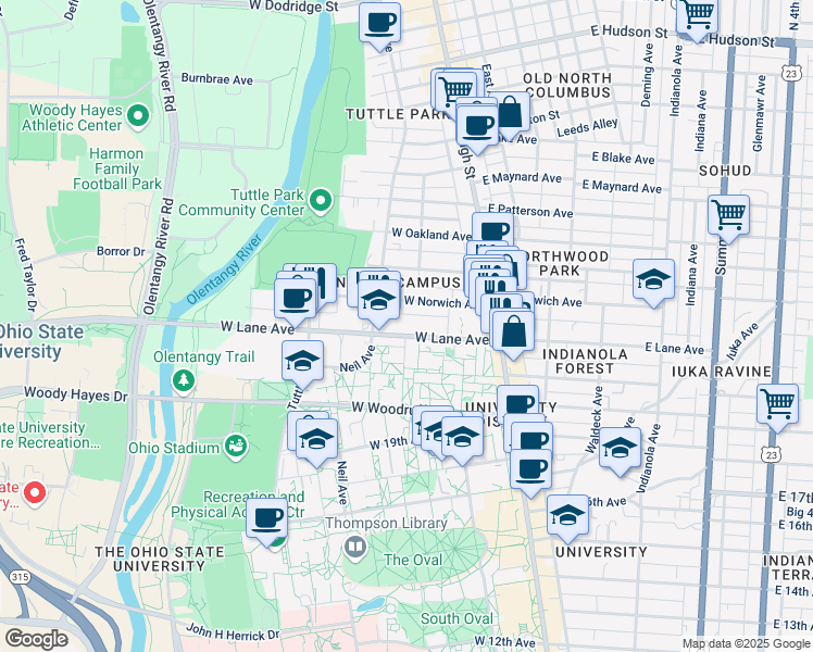 map of restaurants, bars, coffee shops, grocery stores, and more near 132 West Lane Avenue in Columbus