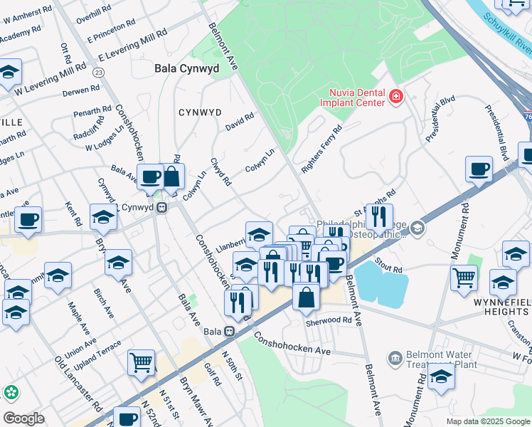 map of restaurants, bars, coffee shops, grocery stores, and more near 107 Clwyd Road in Bala Cynwyd